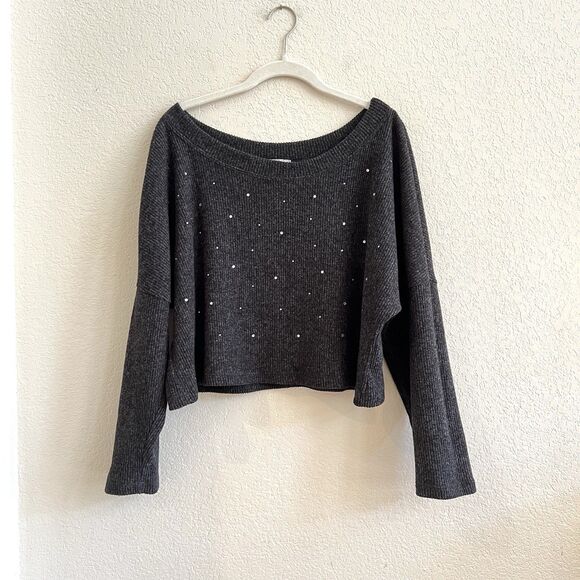 Vocal Rhinestone Ribbed Dark Charcoal XL Cropped Sweater Top - Picture 1 of 9